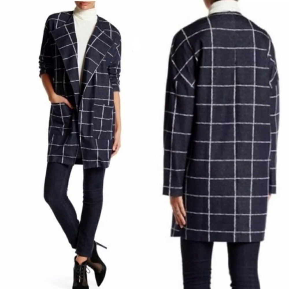 ASTR Jacket Open Front‎ Plaid Blue Check Windowpane Navy XS